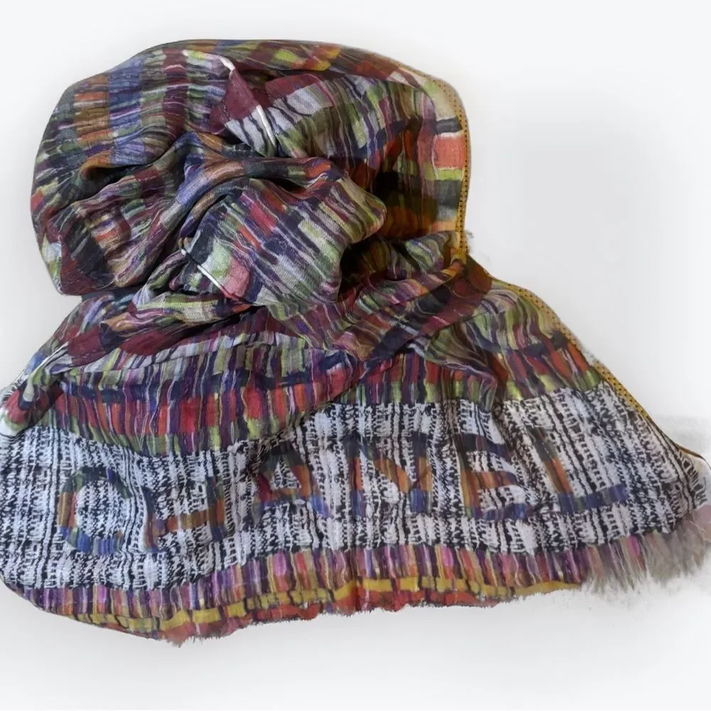 Auth Chanel Multicolor Cashmere Modal Silk Blend Striped Wrap Shawl Stole Scarf